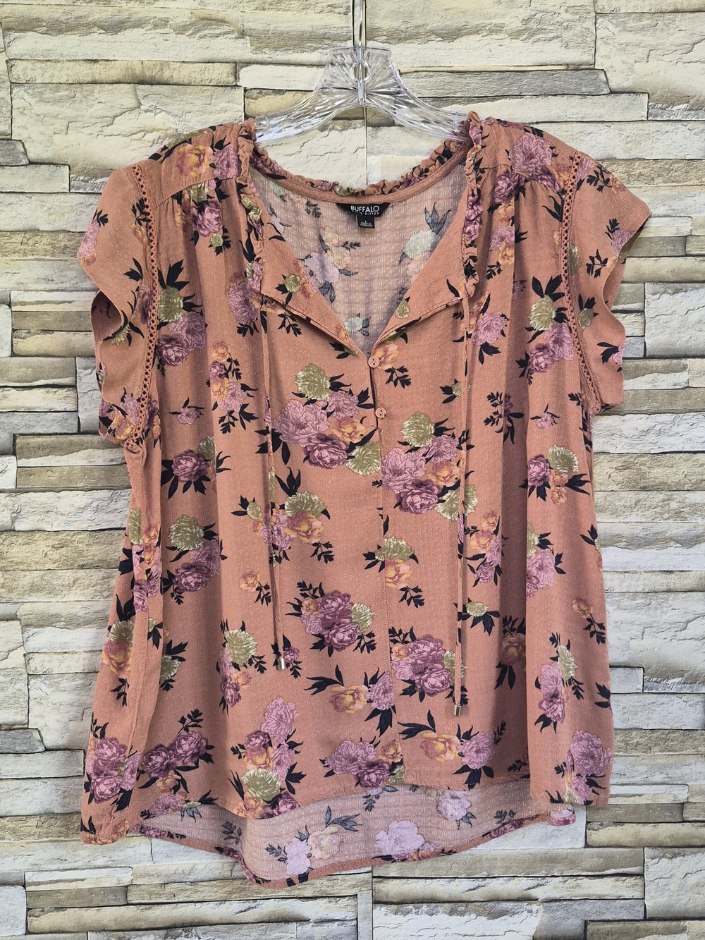 BUFFALO Blouse Women's Size L Pink Floral Short Sleeve Boho Viscose Feminine